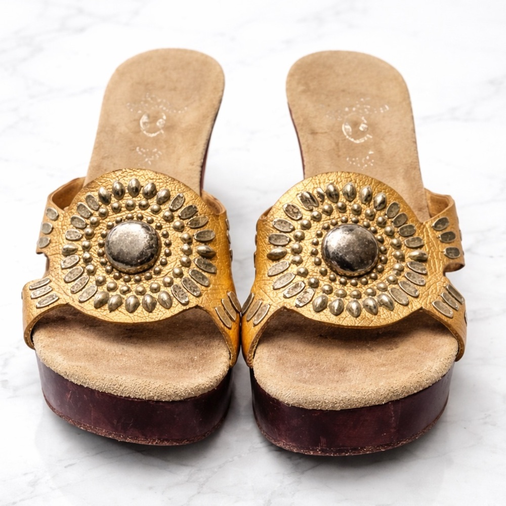 Calleen Cordero Studded Leather Slide Sandals | Handmade Brass Medallion Boho